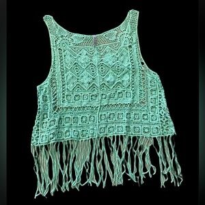 Buzz‎ Crochet Fringe Tank Top Mint Green Boho Festival Costal Grandmother Medium
